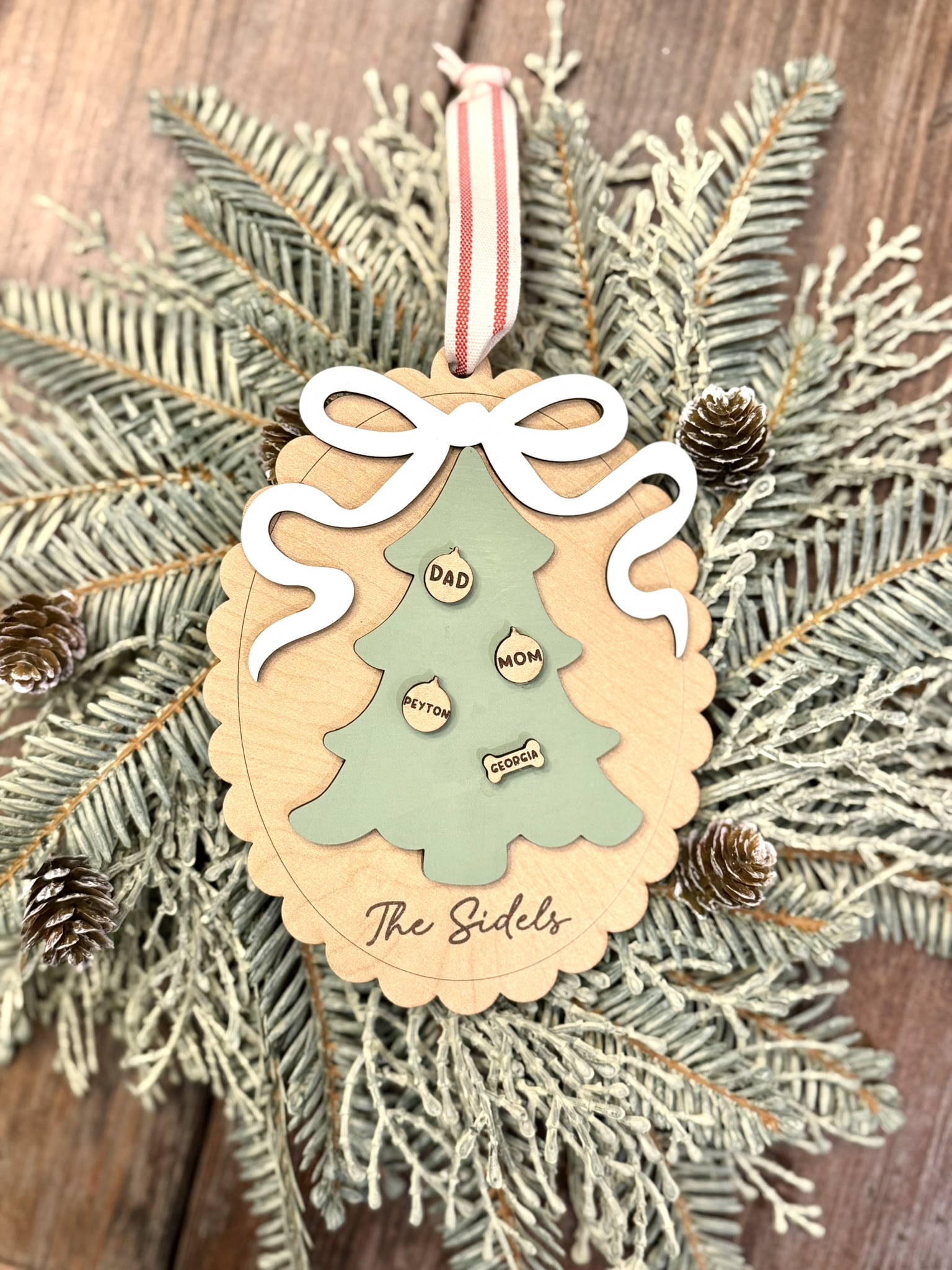 Personalized Family Christmas Tree Ornament | Wooden Holiday Ornament | Family Name Keepsake