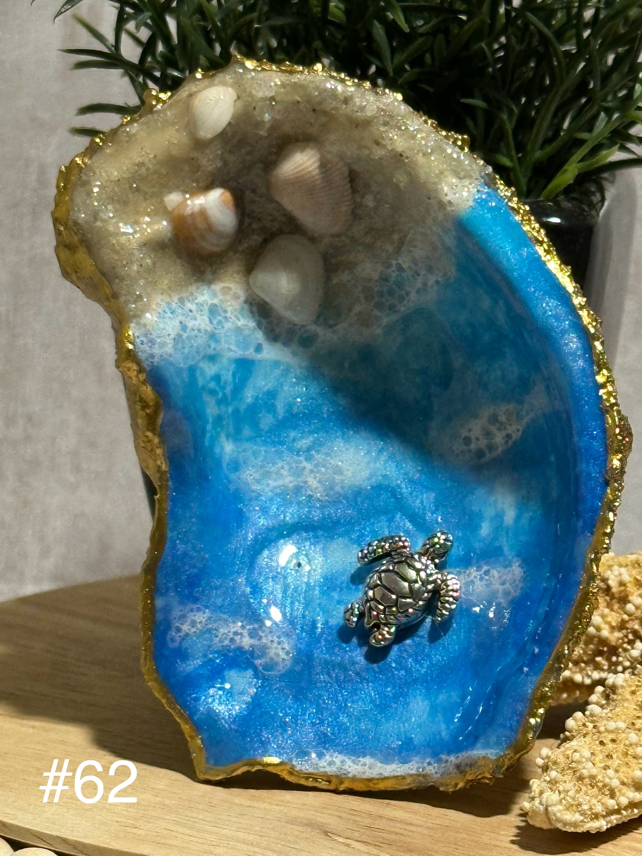 Hand-painted “Beach View” Oyster Shells made with natural beach sand, shells, and real bubbles.