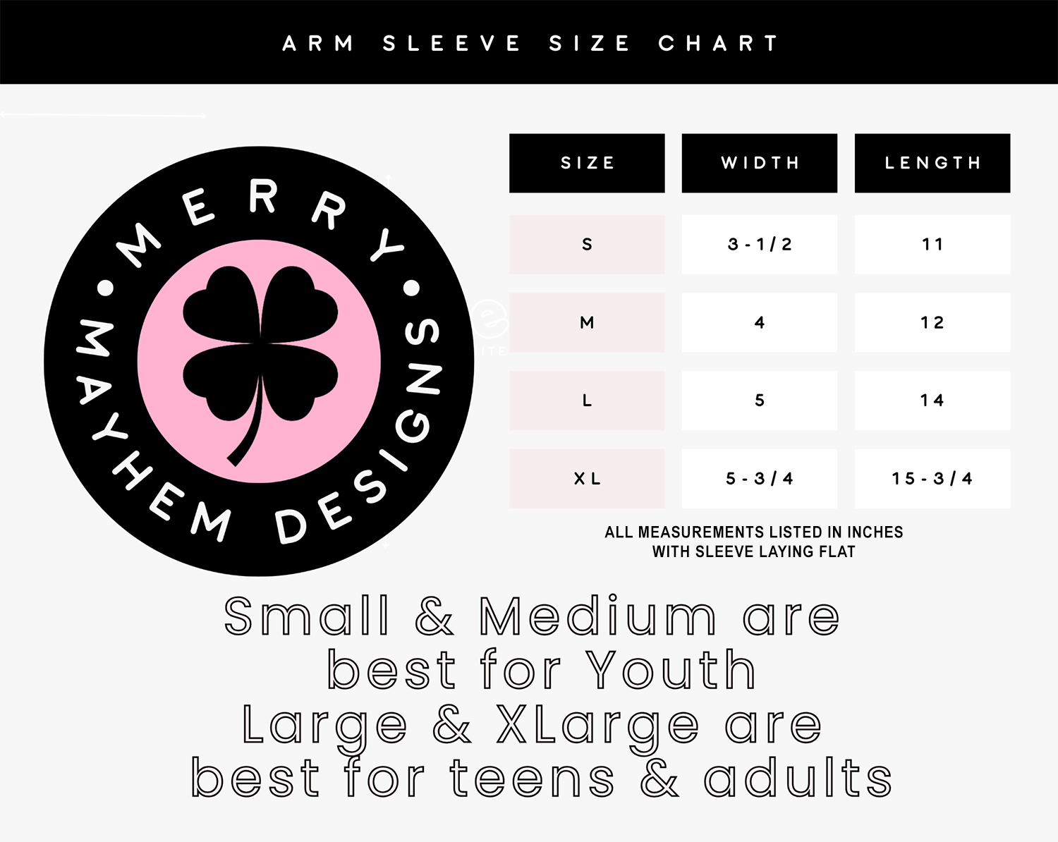 Arm Sleeve Size Chart from Merry Mayhem Designs