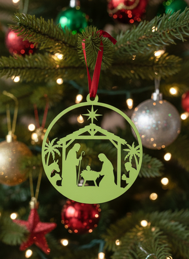 Laser Engraved Round Nativity Ornament - Green - Image 2