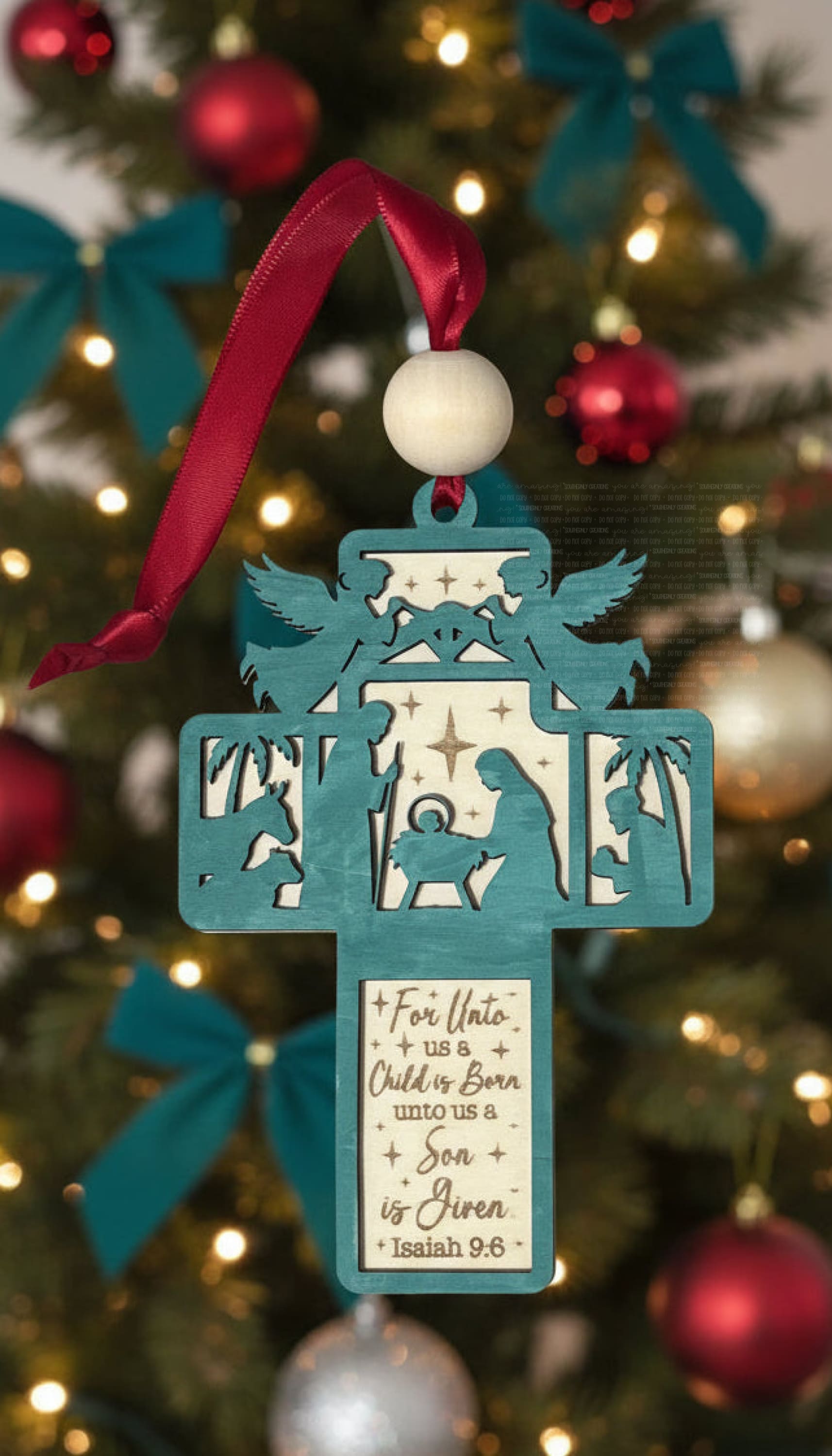 Laser Engraved Nativity Cross Ornament - Isaiah 9:6 - Teal