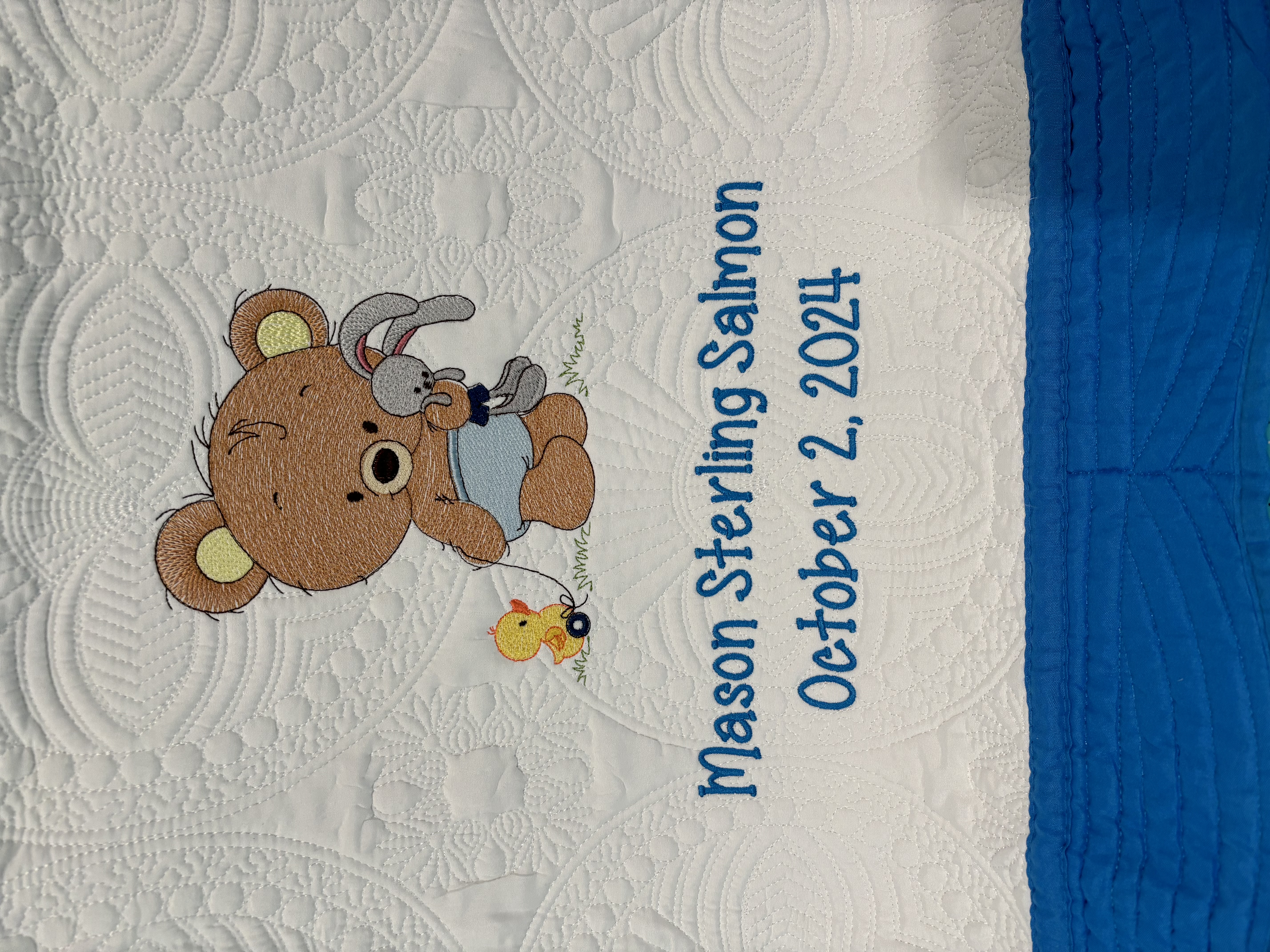 Bear Hugging Bunny Heirloom Baby Quilt