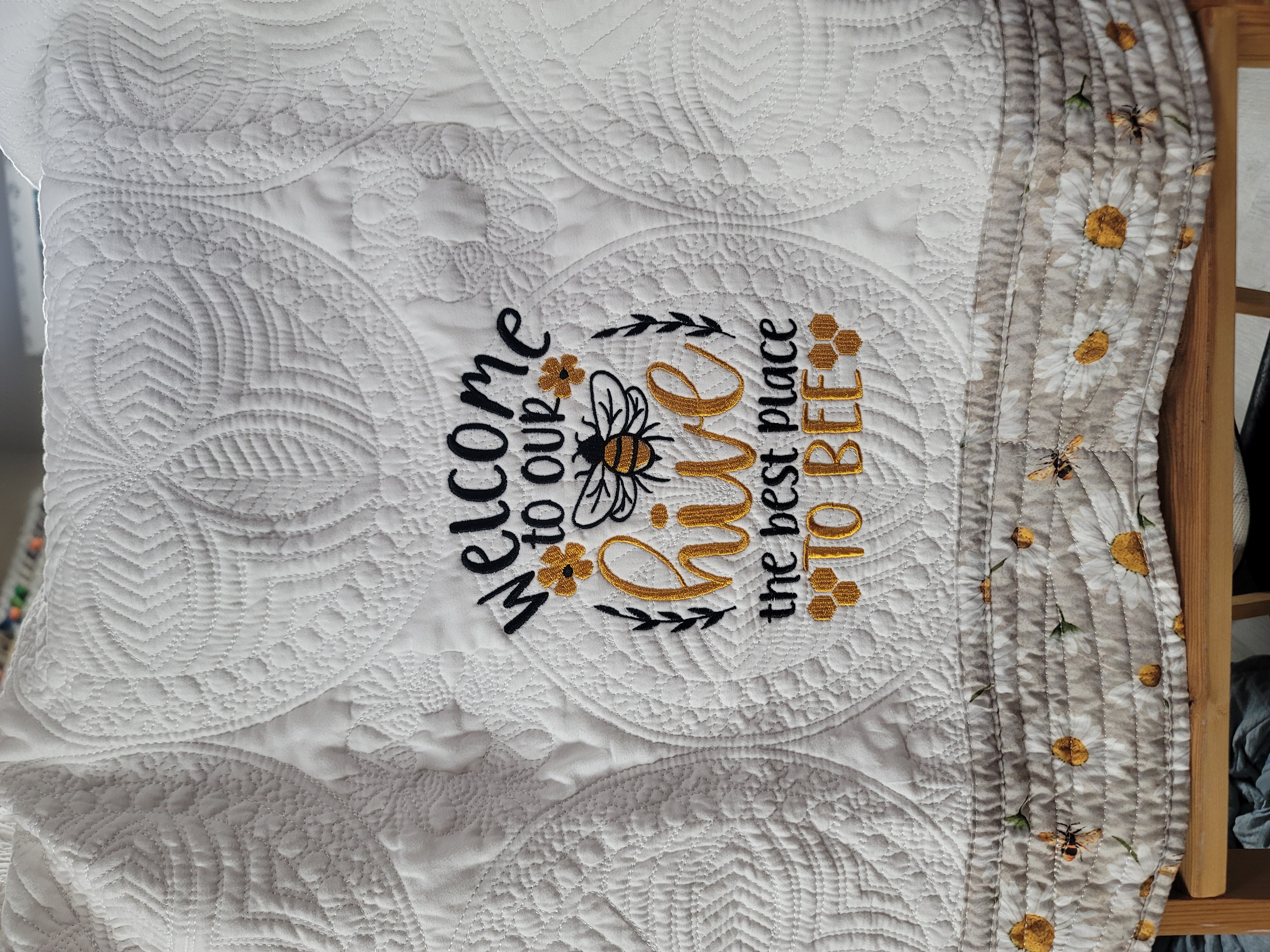 Welcome to our Hive Bee Embroidered Quilted Lap Blanket