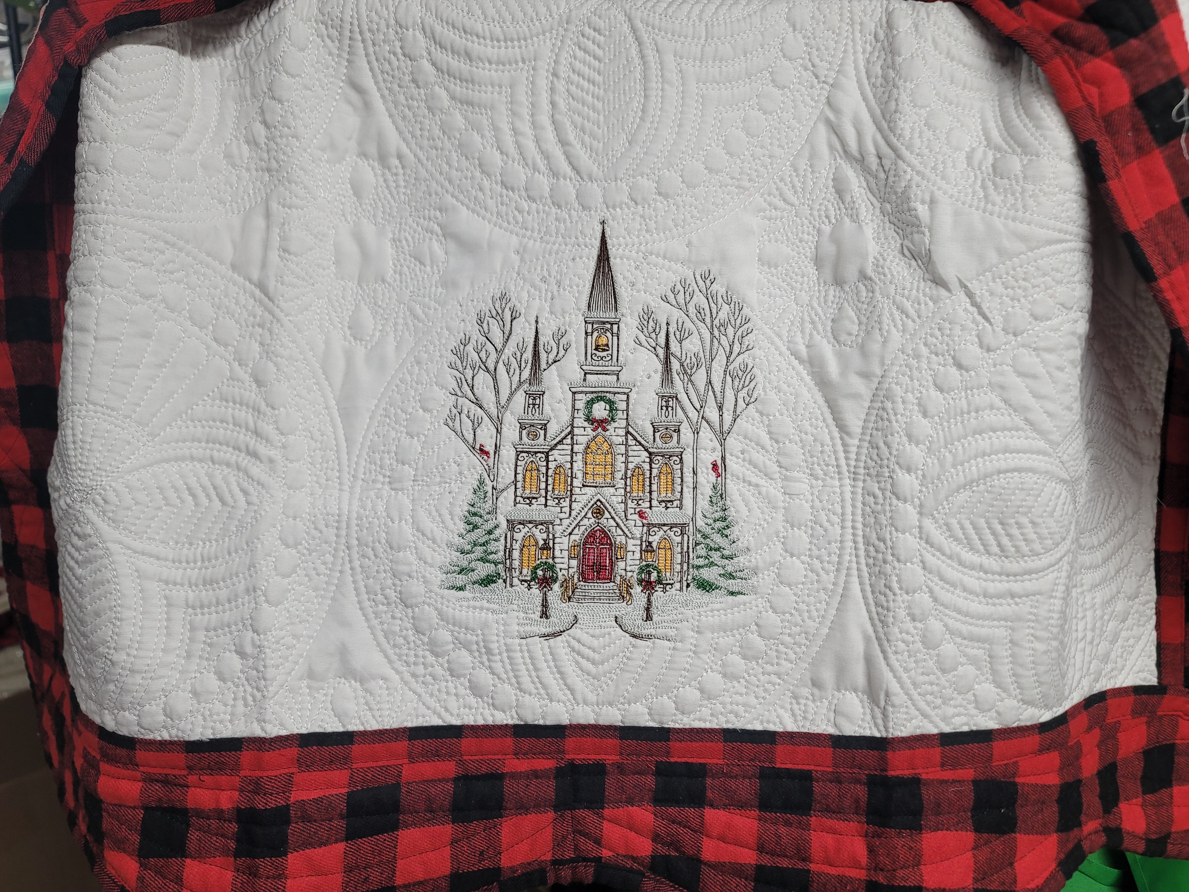 Christmas Church Embroidered Quilted Lap Blanket