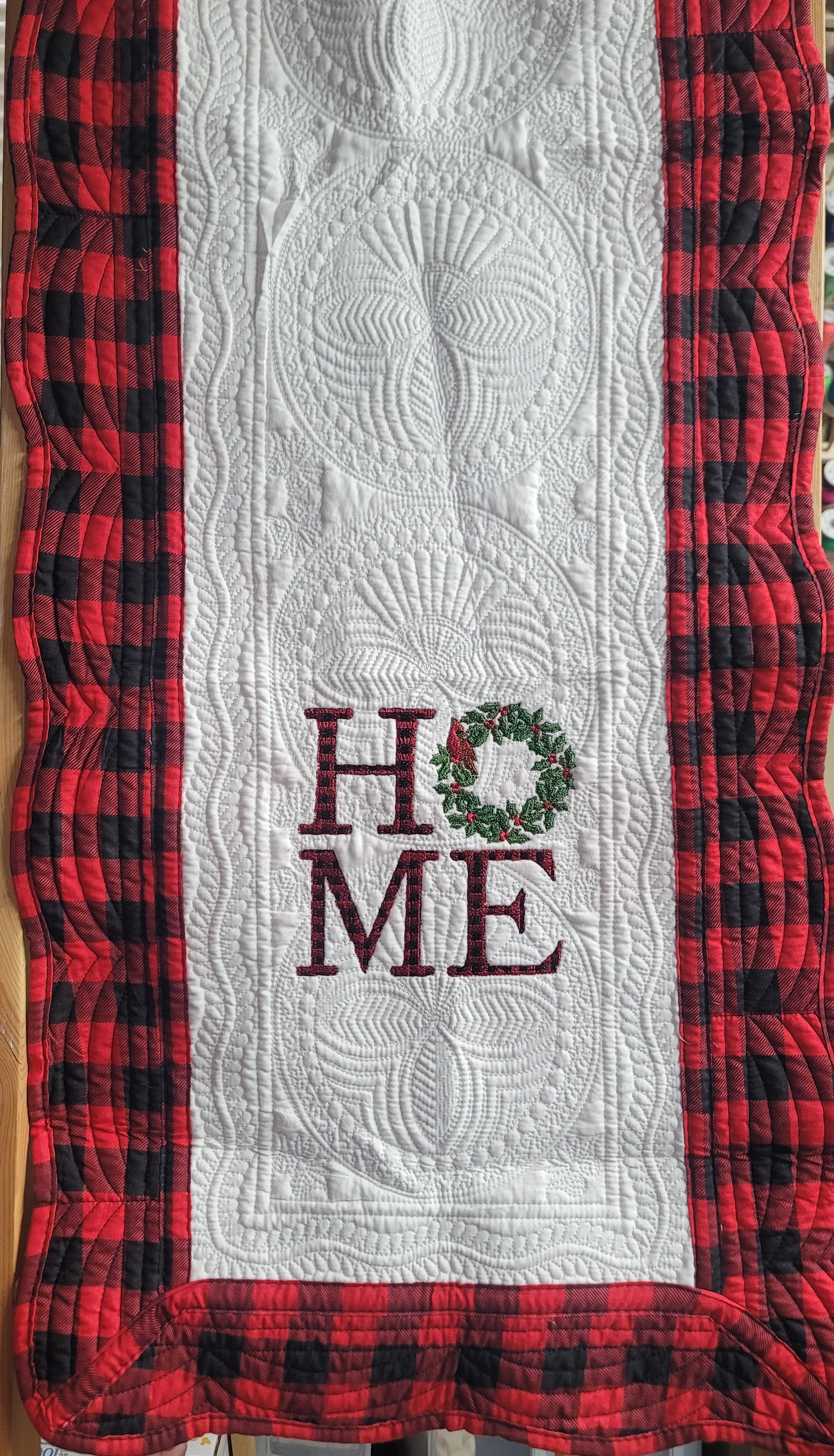 Buffalo Plaid “HOME” Christmas Table Runner – Cardinal & Wreath Design 54"