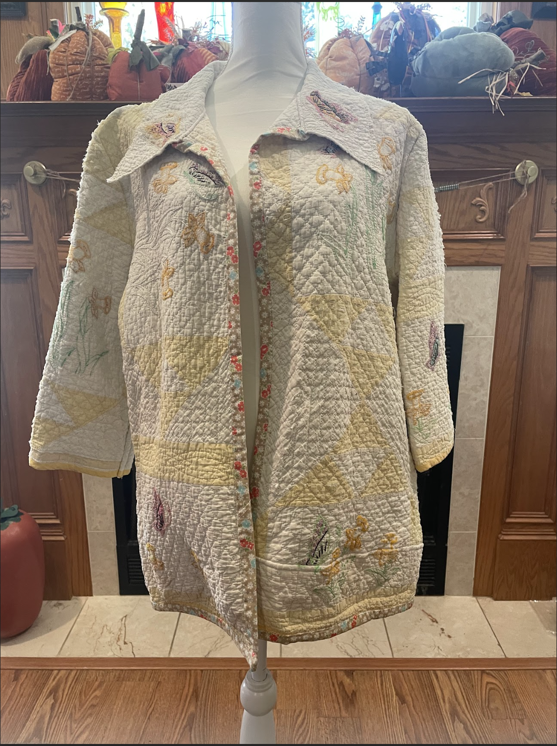 Yellow and White Embroidered Vintage Quilt Coat