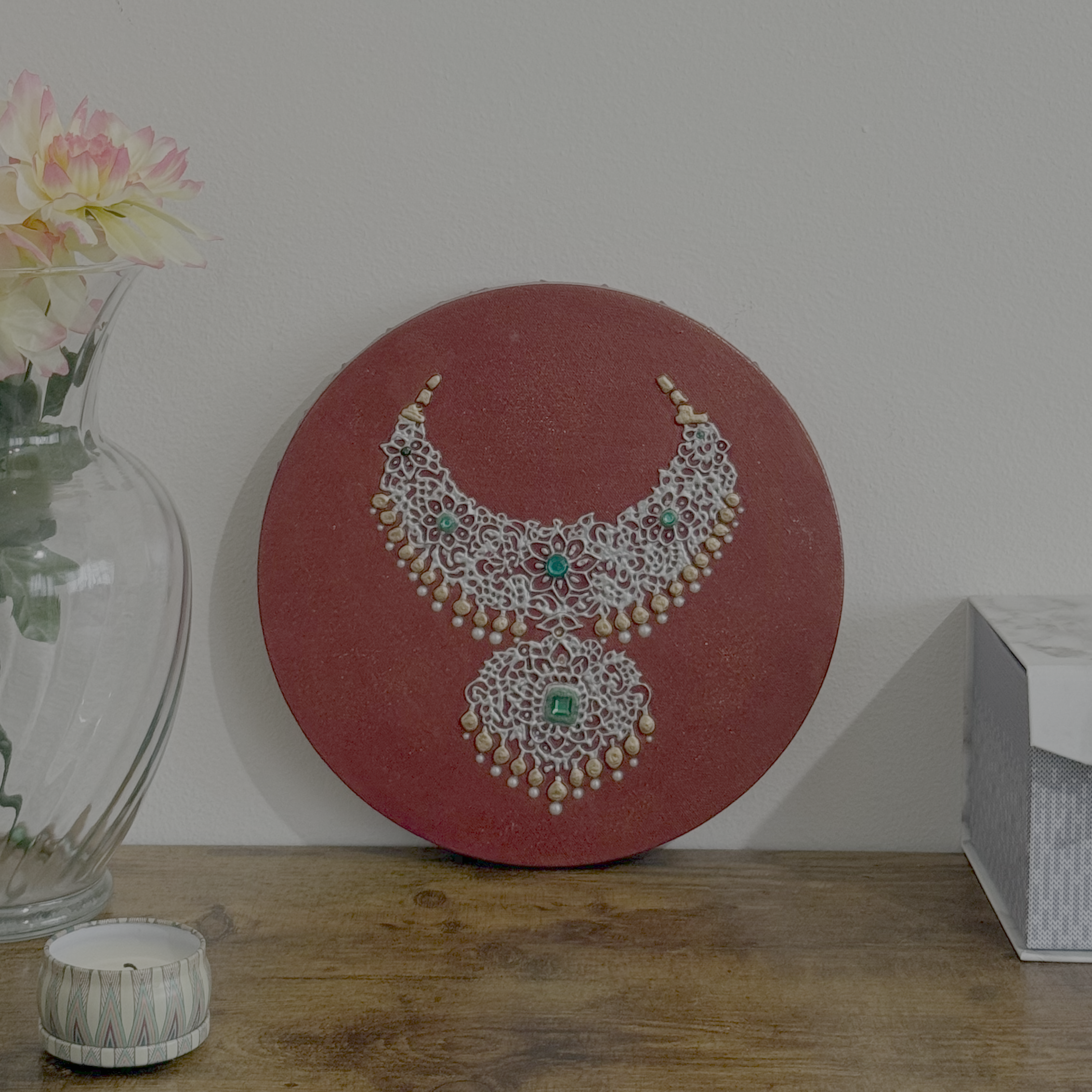 Antique Traditional Indian Neckware Textured Painting - 8" Stretched Canvas