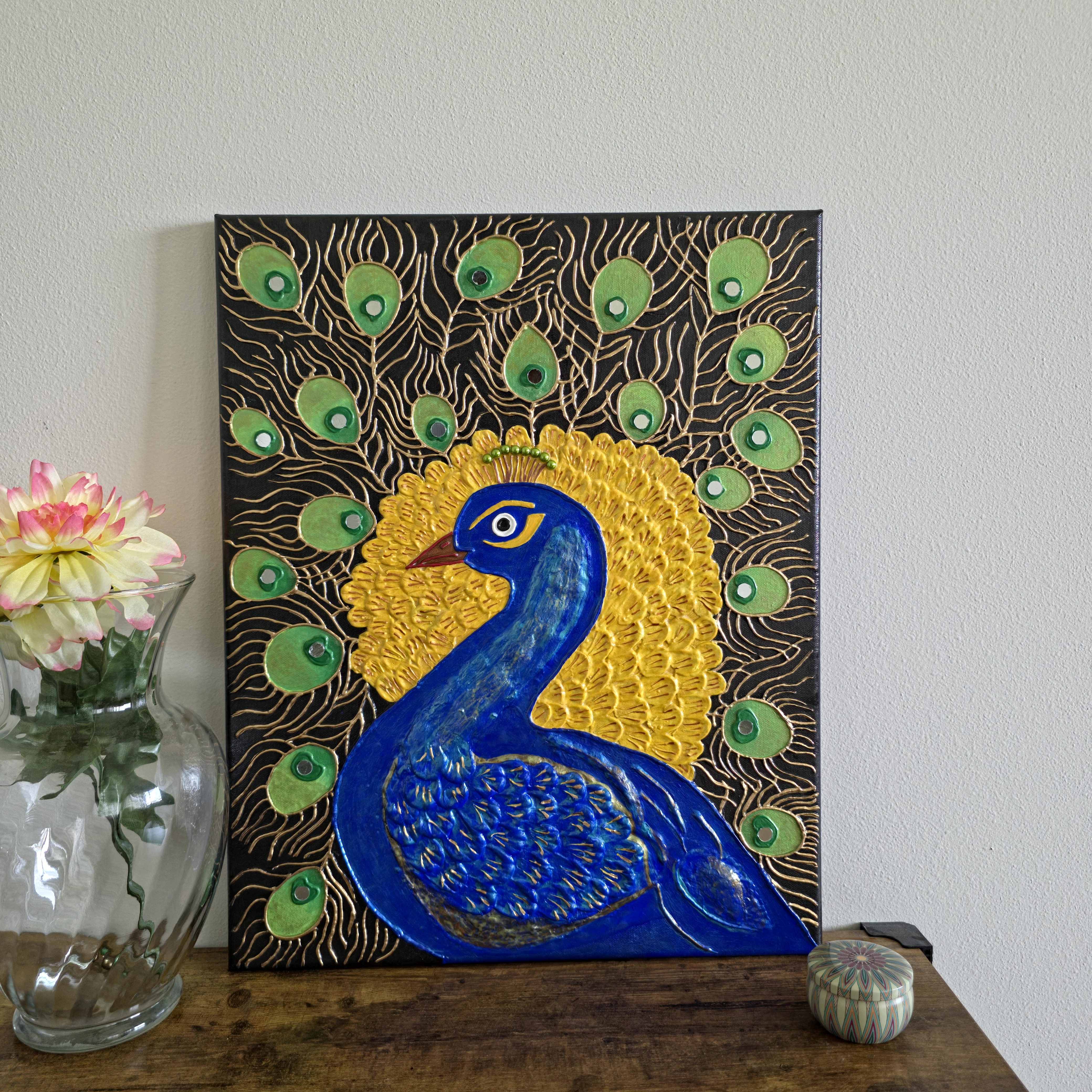 Peacock Textured Painting - 12" x 16" Stretched Canvas