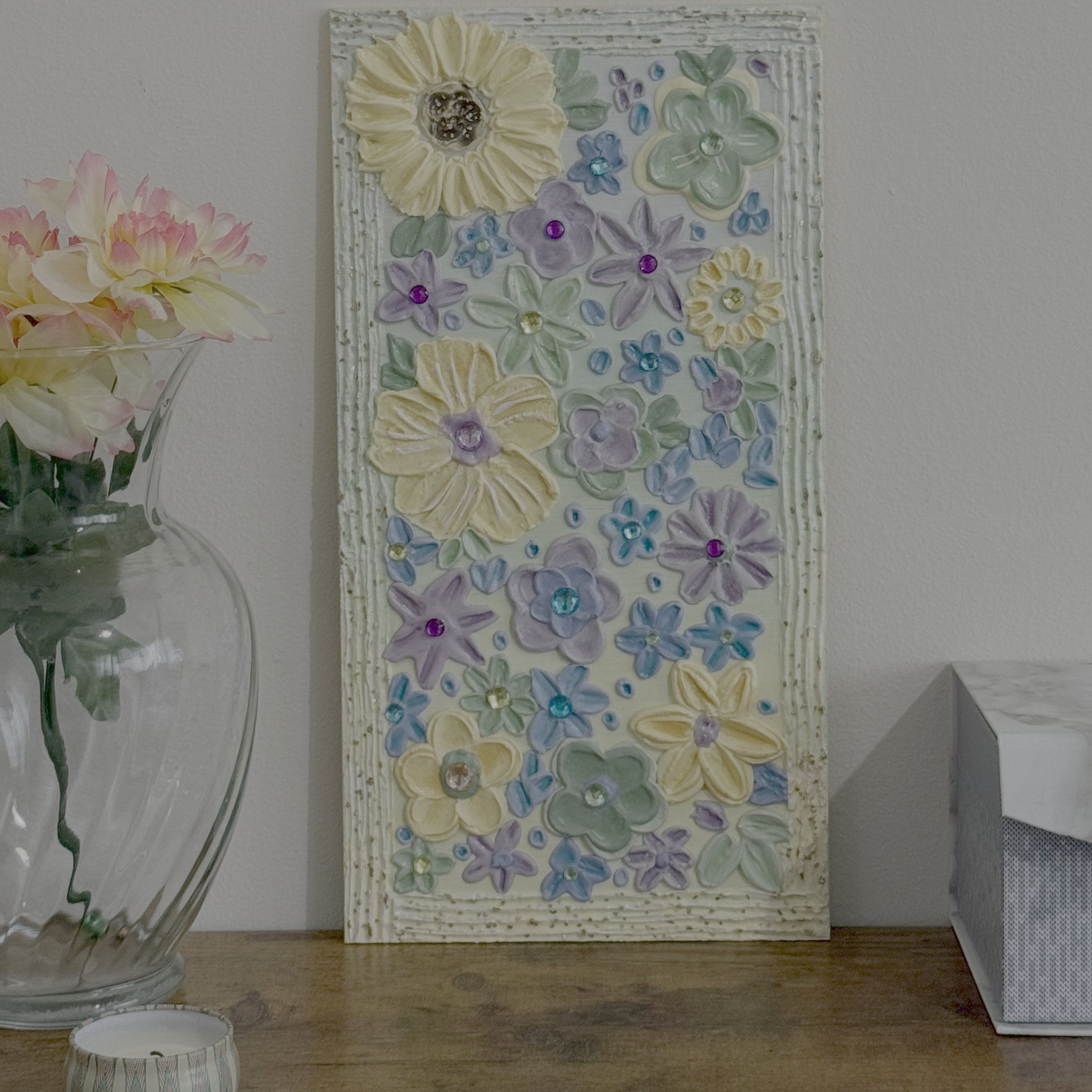Flowers Textured Painting on Wooden Canvas - 11" x 7"